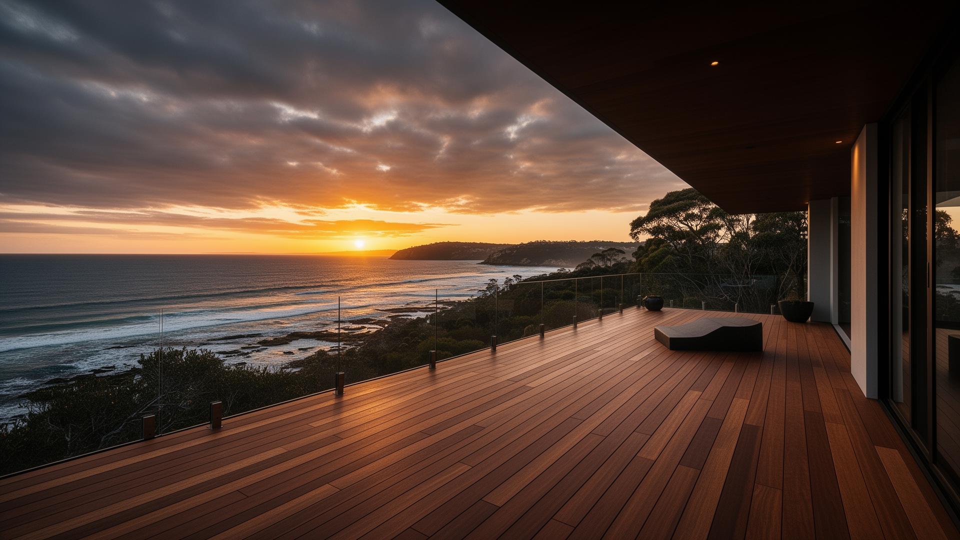 Hardwood deck overlooking the Australian coastline at sunset